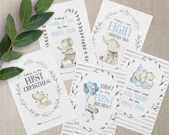 Cute Elephant Milestone Cards – Blue Watercolor Theme for New Parents & Baby Showers