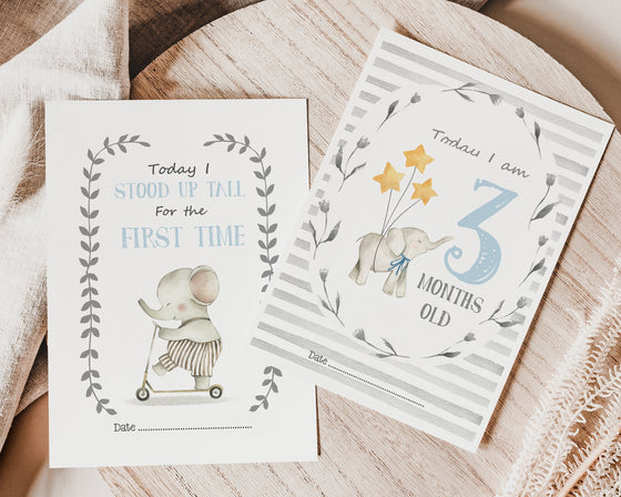 Elephant Blue Design Baby Milestone Cards