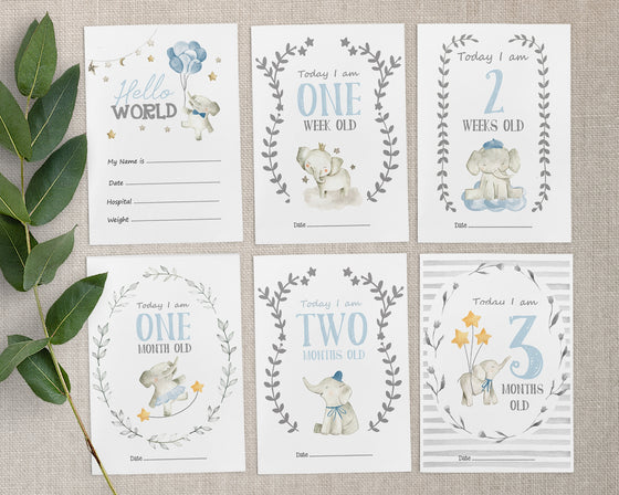 Cute Elephant Milestone Cards – Blue Watercolor Theme for New Parents & Baby Showers