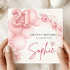 Personalised 21st Birthday Card  – Pink Balloon Floral 21st Birthday Card – Custom Name Elegant Milestone Birthday Card for Her