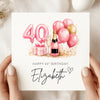 Personalised 40th Birthday Card – Pink Balloon & Champagne 40th Birthday Card – Custom Name Milestone Birthday Card for Her – Elegant Keepsake Card
