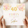 Personalised 40th Birthday Card – Pink & Gold Balloon Forty Card – Custom Name Milestone Birthday Card for Her – Elegant 40th Birthday Card