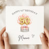 Personalised 50th Birthday Card – Pink Balloon Gift Box 50 Card – Elegant Custom Name 50th Birthday Card for Her – Luxury Milestone Birthday Card