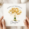 Personalised 50th Birthday Card – Gold Balloon Champagne 50 Card – Elegant Custom Name 50th Birthday Card for Her – Luxury Milestone Birthday Card