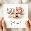 Personalised 50th Birthday Card – Champagne and Balloon 50 Card – Elegant Pink Birthday Card for Her – Custom Name Milestone Birthday Card