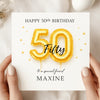 Personalised 50th Birthday Card for Friend – Gold Balloon 50 Fifty Card – Elegant Special Friend 50th Birthday Card – Custom Name Milestone Card
