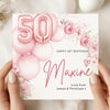 Personalised 50th Birthday Card – Rose Gold Balloon 50 Card – Elegant Pink Floral 50th Birthday Card for Her – Custom Name Milestone Birthday Card
