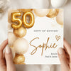 Personalised 50th Birthday Card – Gold Balloon 50 Birthday Card – Elegant Custom Name 50th Card for Her – Luxury Milestone Birthday Card