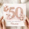Personalised 50th Birthday Card – Rose Gold Sparkle 50 Card – Luxury Champagne Birthday Card for Her – Elegant Custom Name Milestone Card
