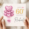 Personalised 60th Birthday Card – Pink Heart Balloon 60 Card – Elegant 60th Birthday Card for Her – Custom Name Milestone Birthday Card
