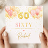 Personalised 60th Birthday Card – Pink and Gold Balloon 60 Card – Elegant Sixty Birthday Card for Her – Custom Name Milestone Birthday Card