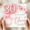 Personalised 30th Birthday Card – Pink Balloon Floral 30th Birthday Card – Custom Name Milestone Birthday Card for Her – Elegant Keepsake Card