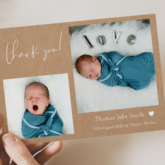 Personalised Baby Thank You Cards – Craft Effect Background with Two Images