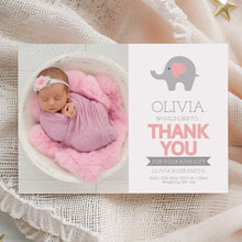  Personalised Thank You Card – Elephant Theme with Pink and Grey Design