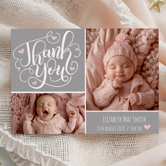 Personalised Baby Thank You Cards – Grey Base with Pink Hearts Design