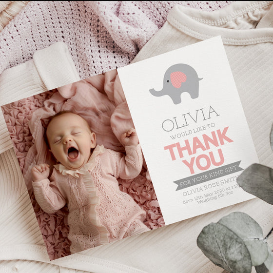 Personalised Thank You Card – Elephant Theme with Pink and Grey Design