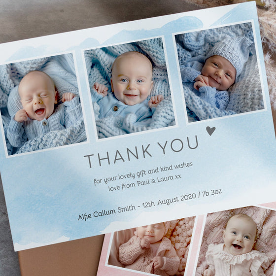 Personalised Baby Thank You Cards – Light Blue Watercolour Strokes Design