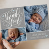 Personalised Baby Thank You Cards – Grey Base with Blue Hearts Design