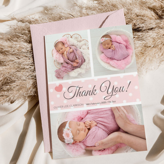 Personalised Thank You Card – Pink Polka Dot Background with Three Images