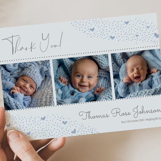 Custom Baby Thank You Cards – Light Blue Heart Design with Three Photos