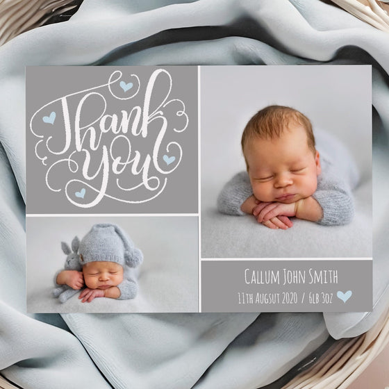 Personalised Baby Thank You Cards – Grey Base with Blue Hearts Design