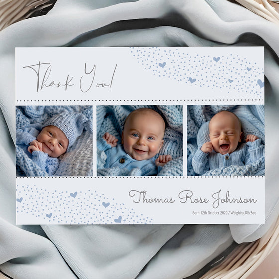 Custom Baby Thank You Cards – Light Blue Heart Design with Three Photos