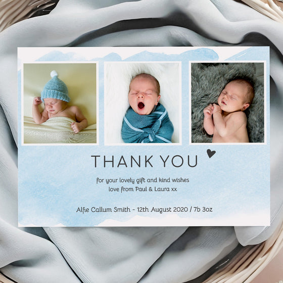 Personalised Baby Thank You Cards – Light Blue Watercolour Strokes Design