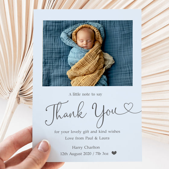 Personalised Baby Thank You Cards – Light Blue Design with Heart Font