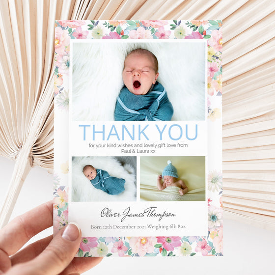 Personalised Thank You Card – Floral Design with Three Images on White Background