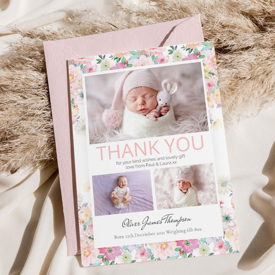 Custom Thank You Card – Flower Design with Three Images on White Background