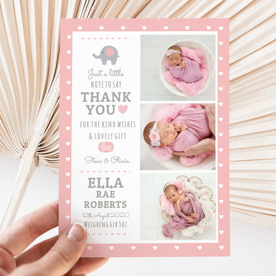 Personalised Baby Thank You Cards – Pink Watercolour Elephant Theme with Polka Dots