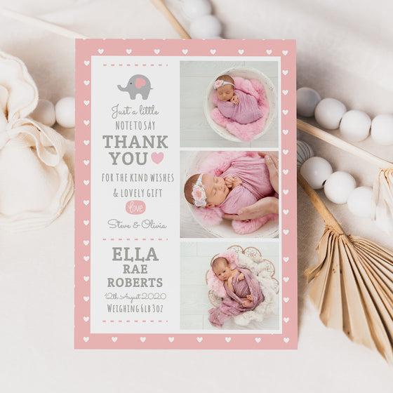 Personalised Baby Thank You Cards – Pink Watercolour Elephant Theme with Polka Dots