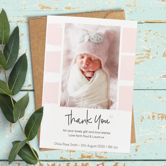 Personalised Thank You Card – White with Pink Stripes Design