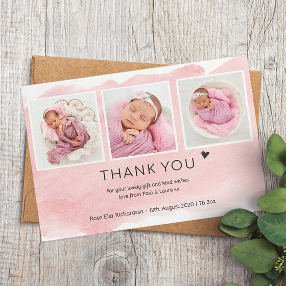 Personalised Baby Thank You Cards – Light Pink Watercolour Strokes Design