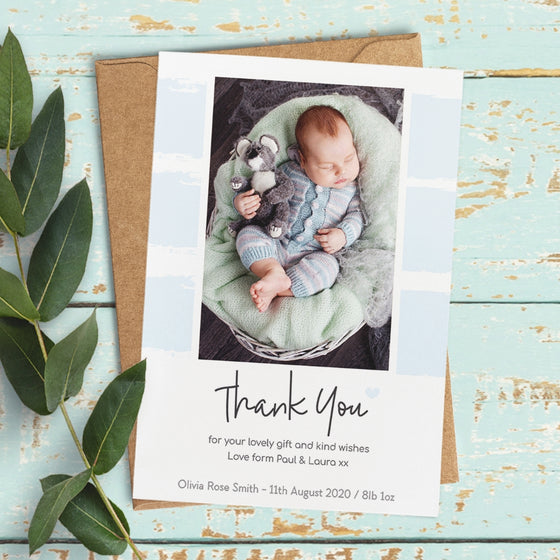 Personalised Thank You Card – White with Blue Stripes Design