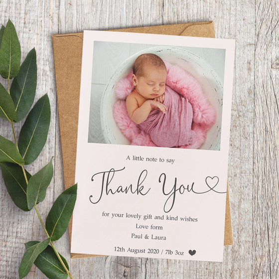 Personalised Baby Thank You Cards – Light Pink Design with Heart Font